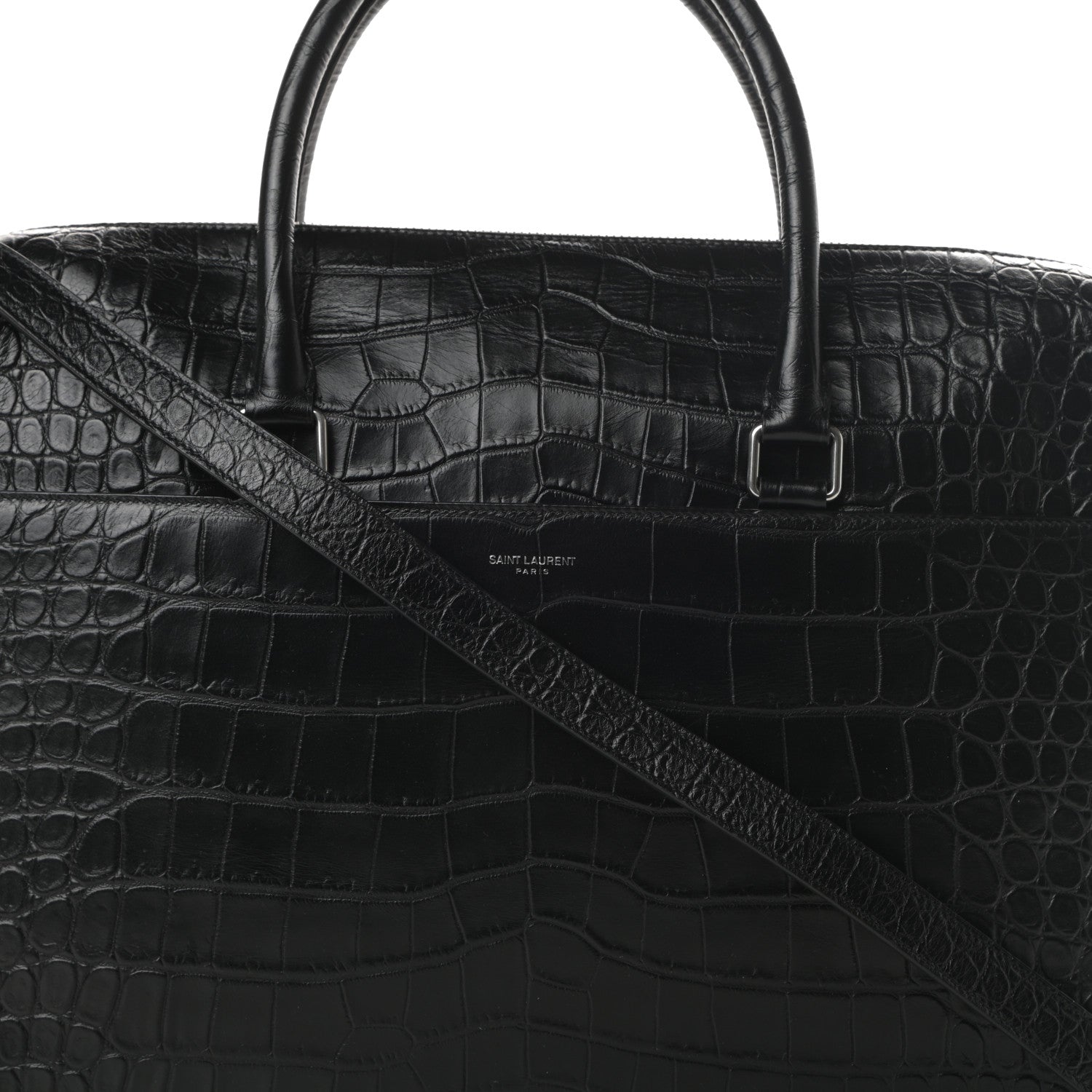 Saint Laurent Calfskin Crocodile Embossed Duffle Briefcase Black 8 of 10