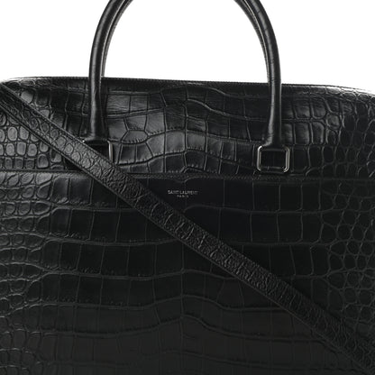 Saint Laurent Calfskin Crocodile Embossed Duffle Briefcase Black 8 of 10