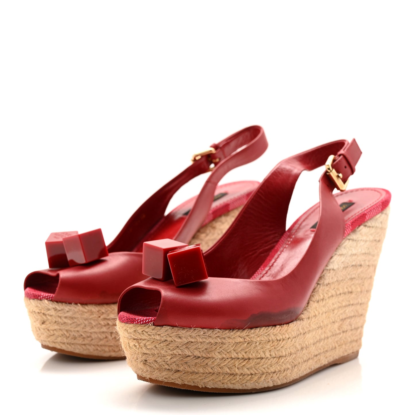 Calfskin Damier Espadrille Wedge Sandals 37.5 Red