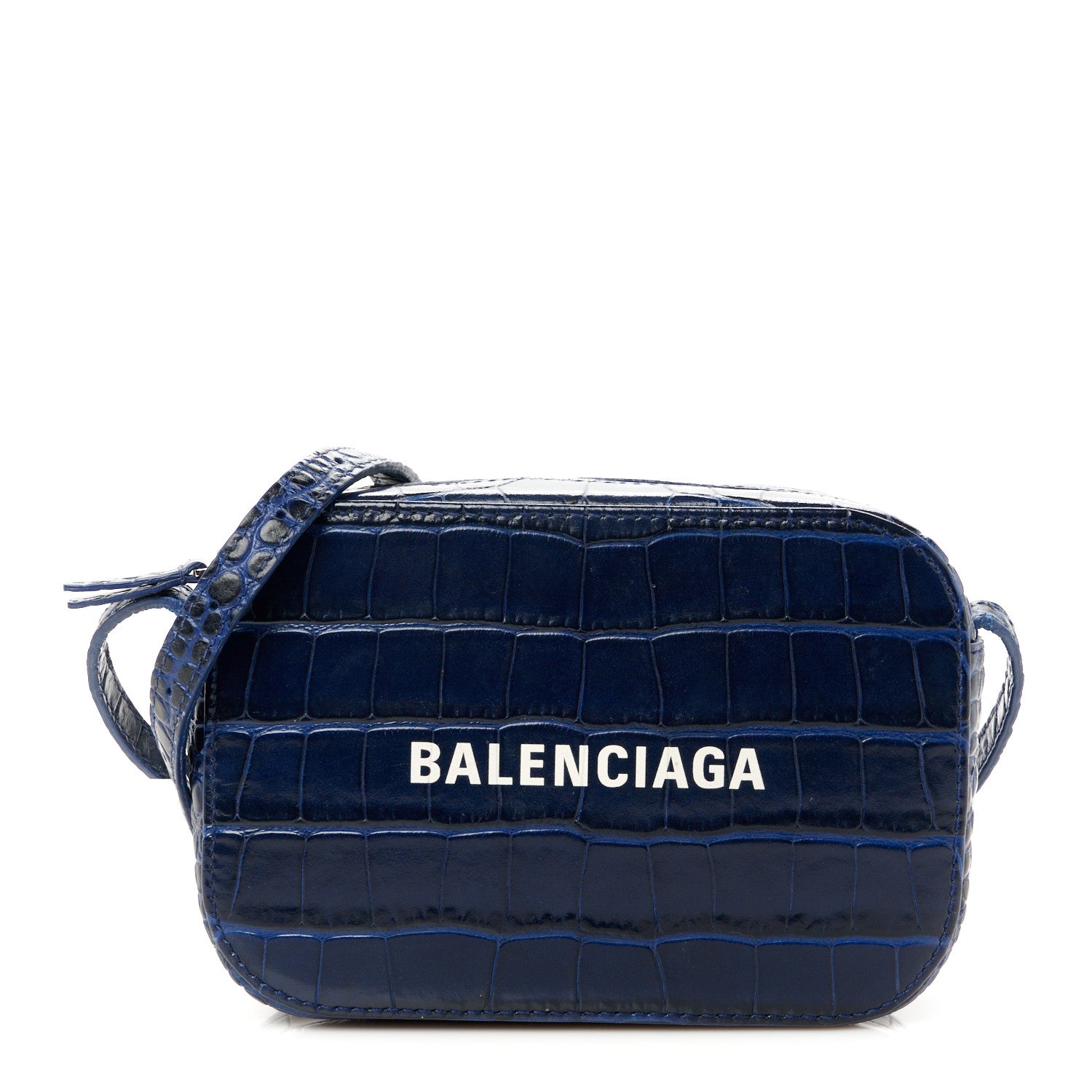 Balenciaga Shiny Calfskin Logo Crocodile Embossed XS Everyday Camera Bag Navy 1 of 11
