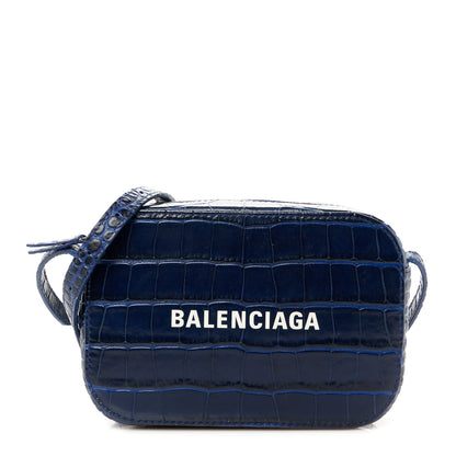 Balenciaga Shiny Calfskin Logo Crocodile Embossed XS Everyday Camera Bag Navy 1 of 11