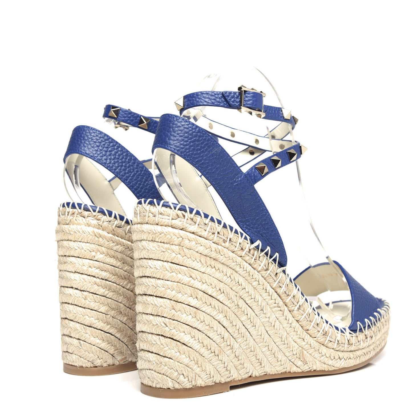 Grained Calfskin Rockstud Espadrille Wedge Sandals 41 Blue