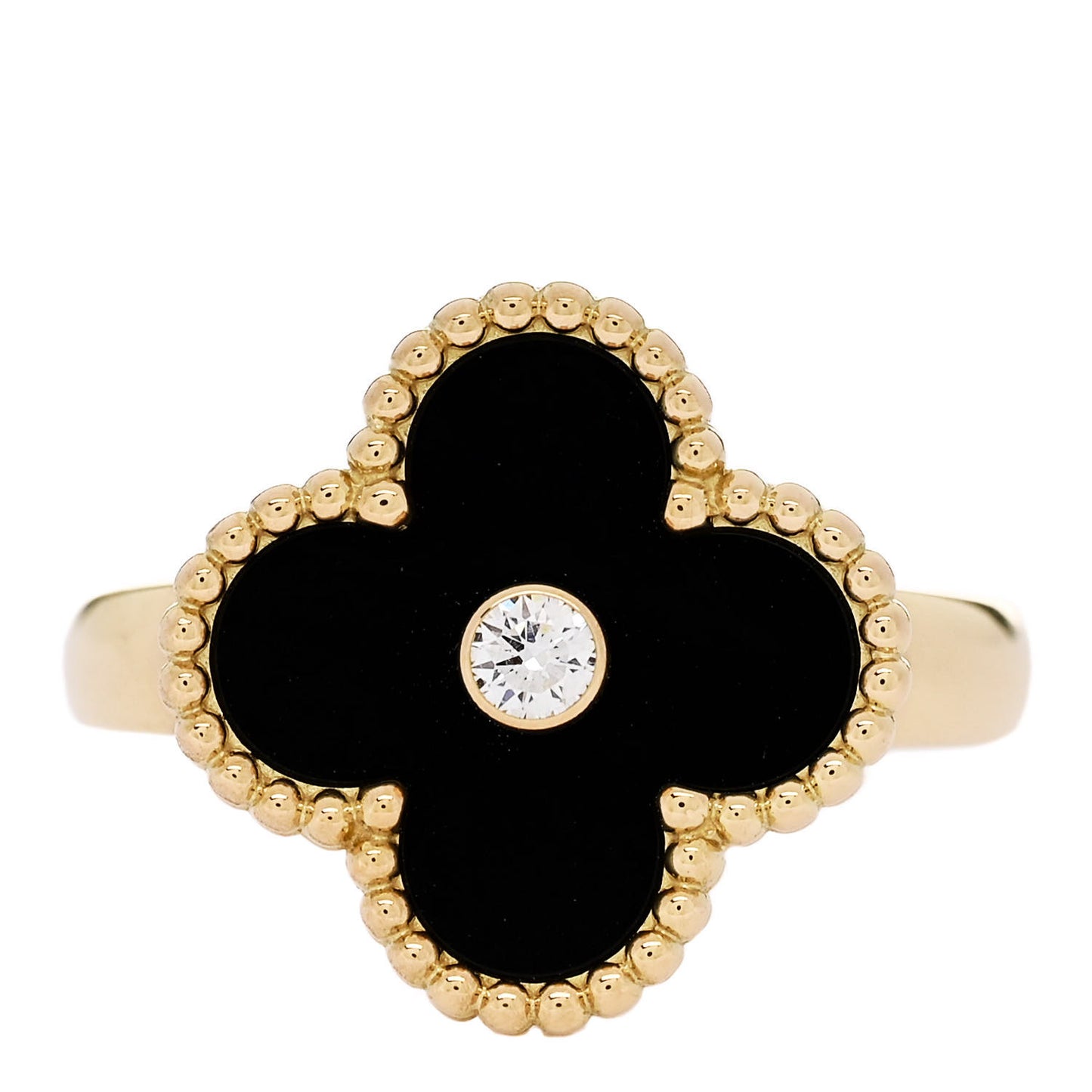 18K Yellow Gold Black Onyx Diamond Vintage Alhambra Ring 50 5.25