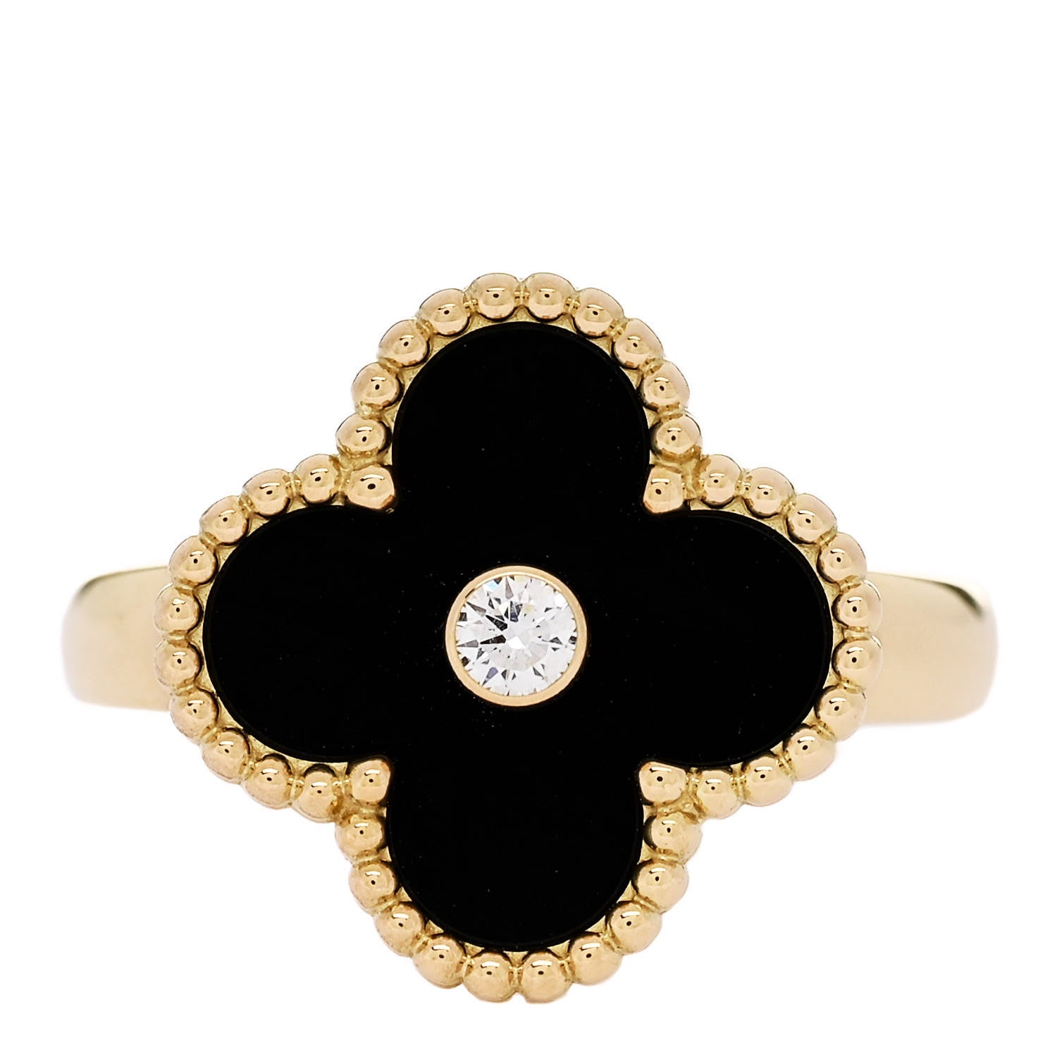 Van Cleef & Arpels 18K Yellow Gold Black Onyx Diamond Vintage Alhambra Ring 50 5.25 1 of 6