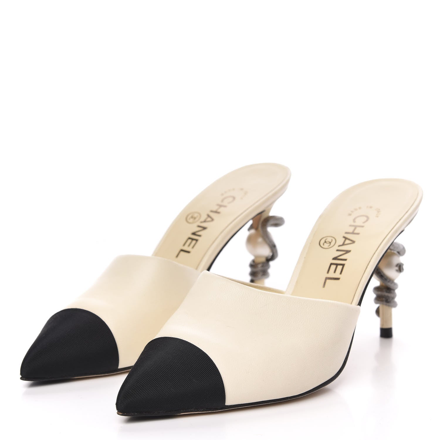 Chanel Goatskin Grosgrain Cap Toe Snake Pearl Mule 36 Beige Black 3 of 9