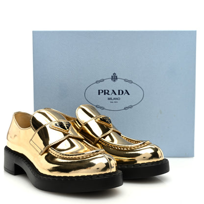Prada Metallic Brushed Calfskin Metal Triangle Logo 50mm Loafers 38 Platino 8 of 8