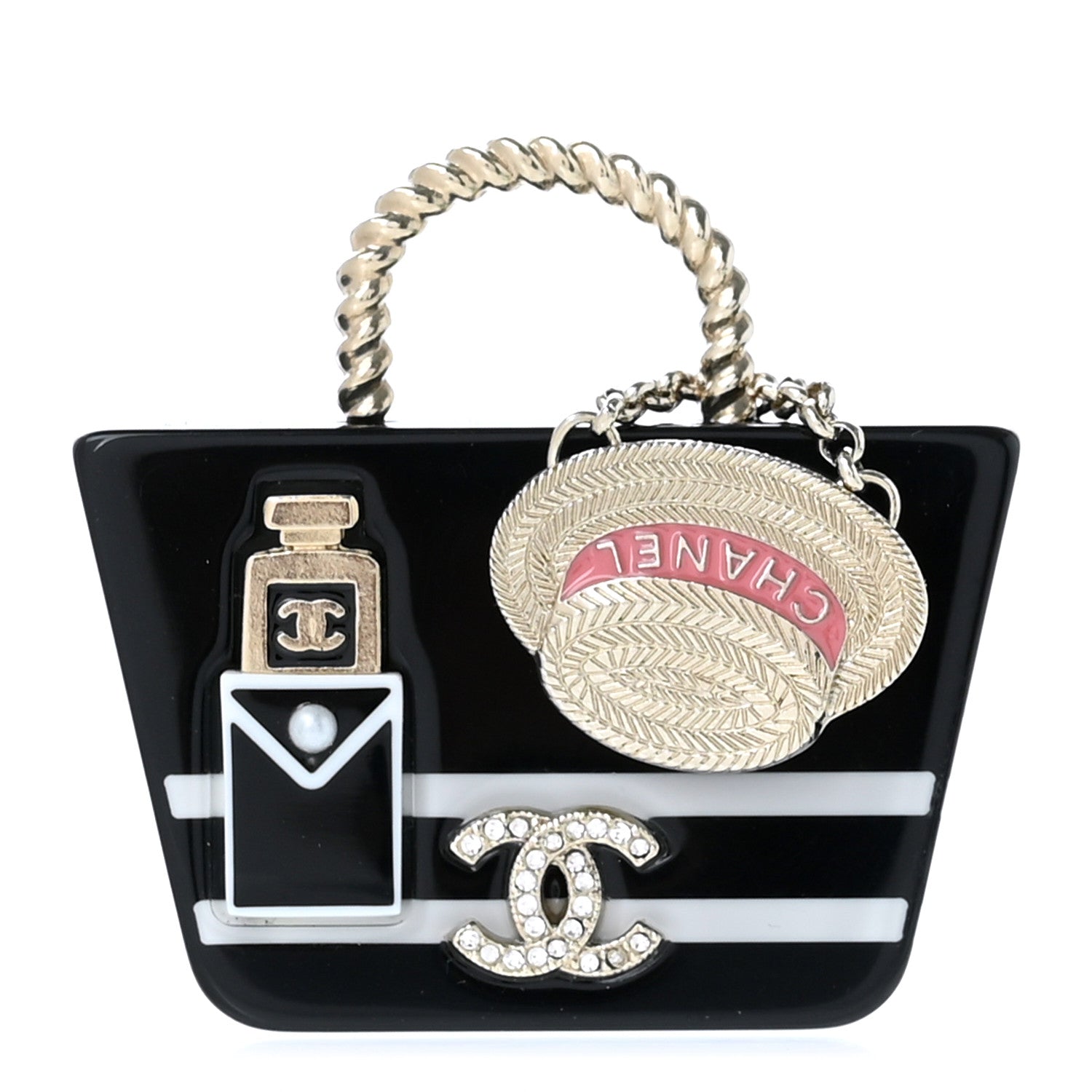 Chanel Resin Crystal Pearl Bag Hat Brooch Gold Black White 1 of 5