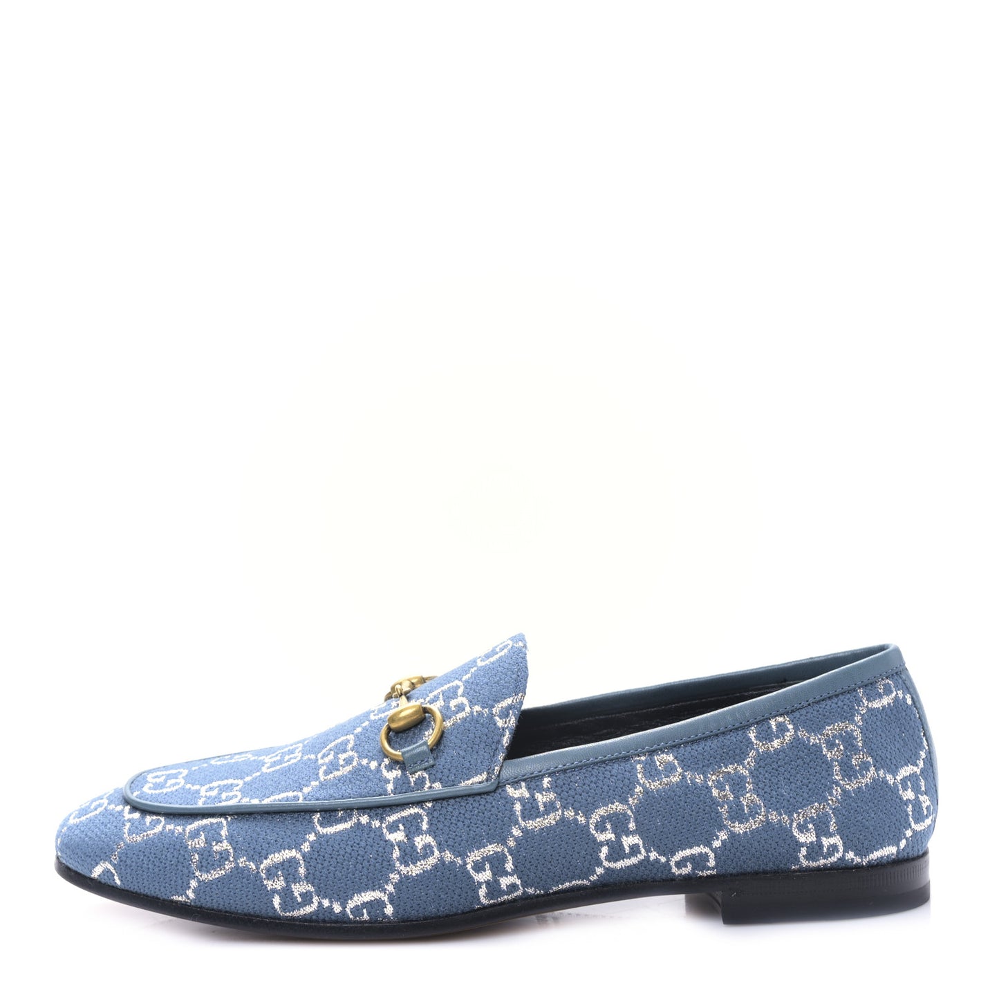 Canvas Lame GG Monogram Horsebit Womens Jordaan Loafers 37.5 Blue Silver Cornflower Blue
