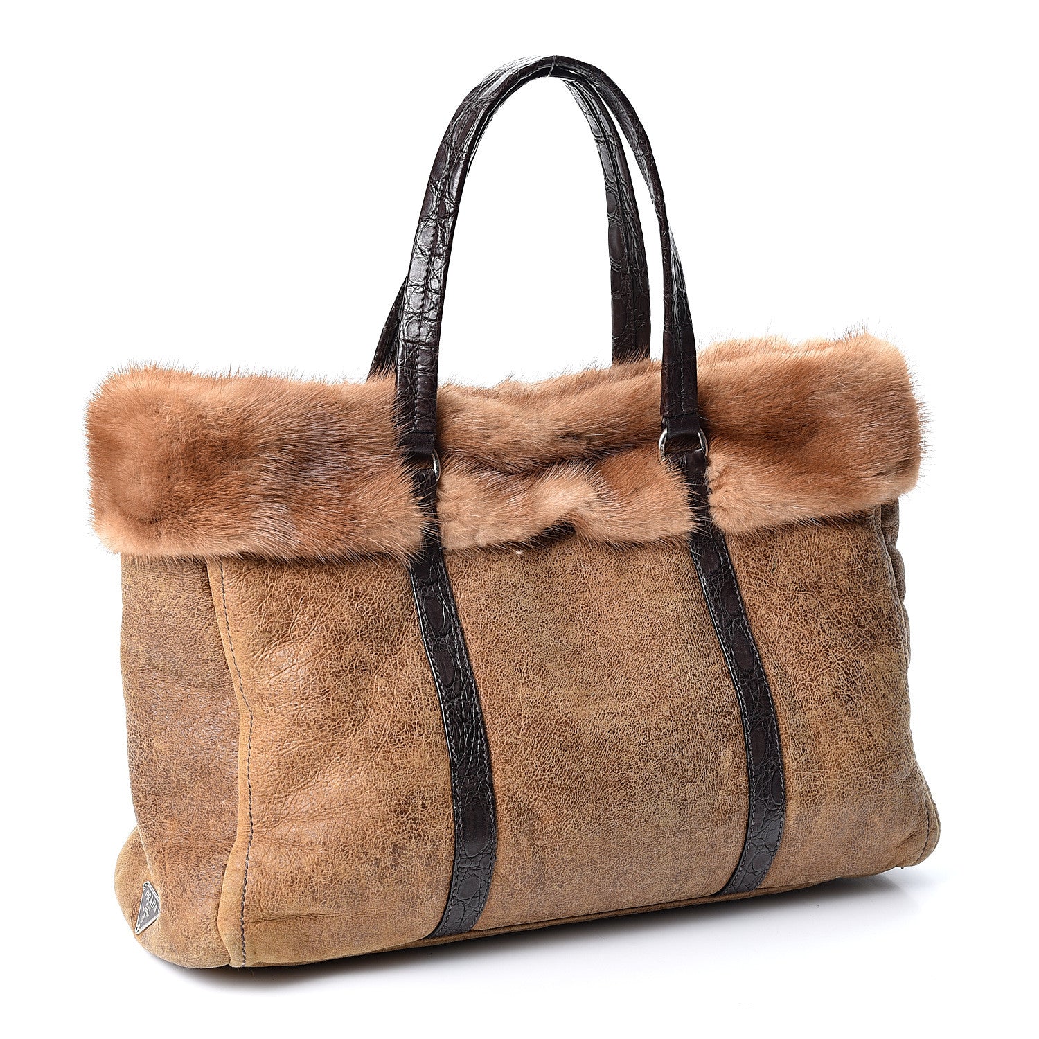Prada Suede Shearling Mink Fur Crocodile Tote 2 of 9