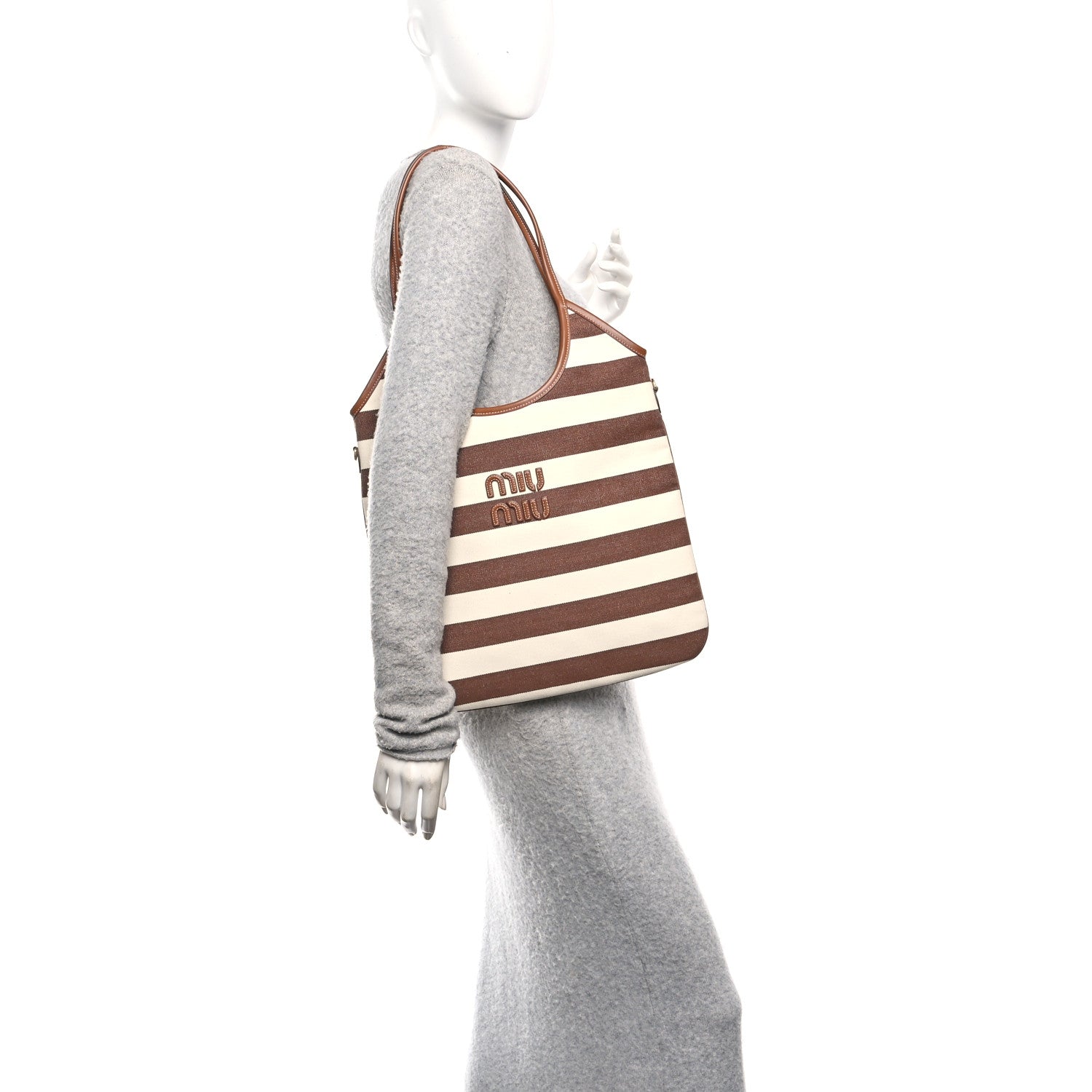 Miu Miu Canvas Calfskin Striped Ivy Cacao Naturale 2 of 9