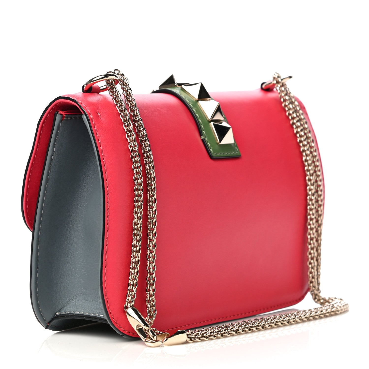 Valentino Garavani Vitello Medium Glam Lock Rockstud Flap Deep Rose Scarlet Grey Green 3 of 16
