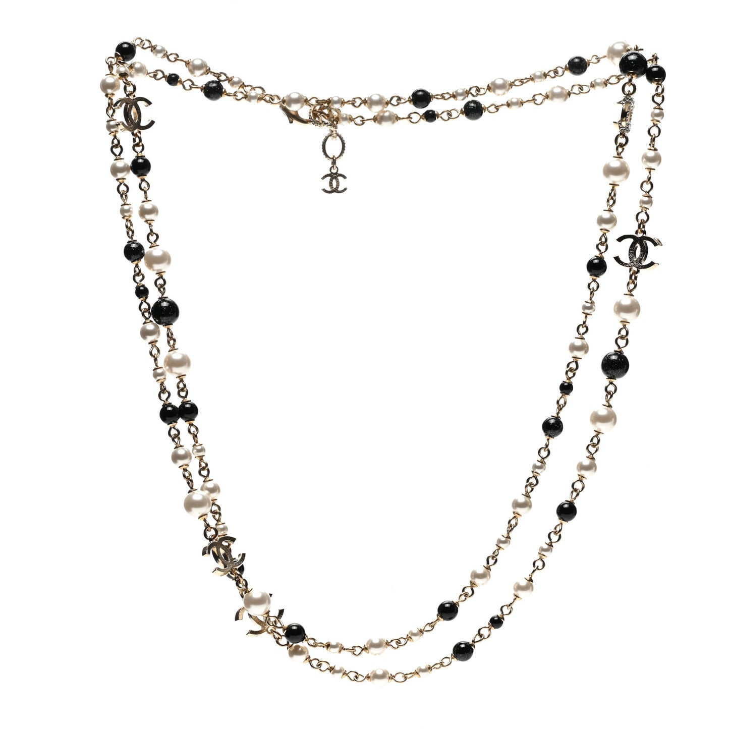 Pearl Bead Crystal CC Long Necklace Black Gold