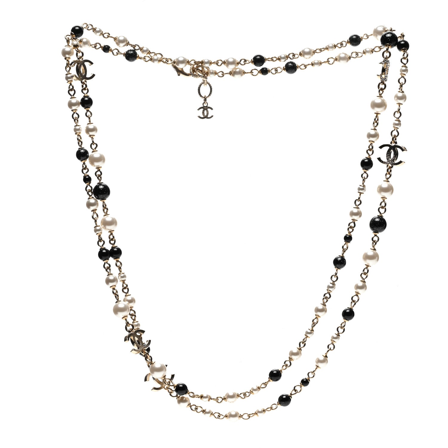 Chanel Pearl Bead Crystal CC Long Necklace Black Gold 3 of 6