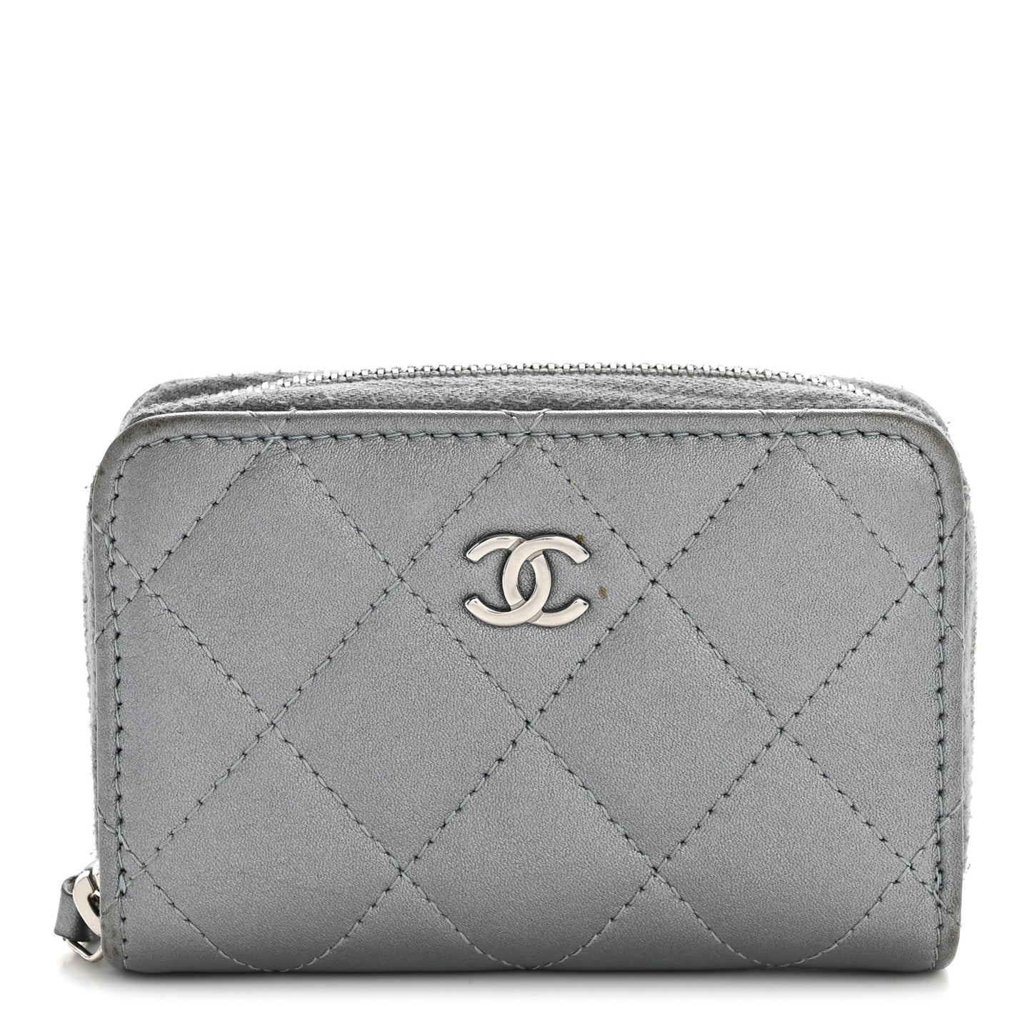 Metallic Lambskin Quilted Zip Around Coin Purse Wallet Silver