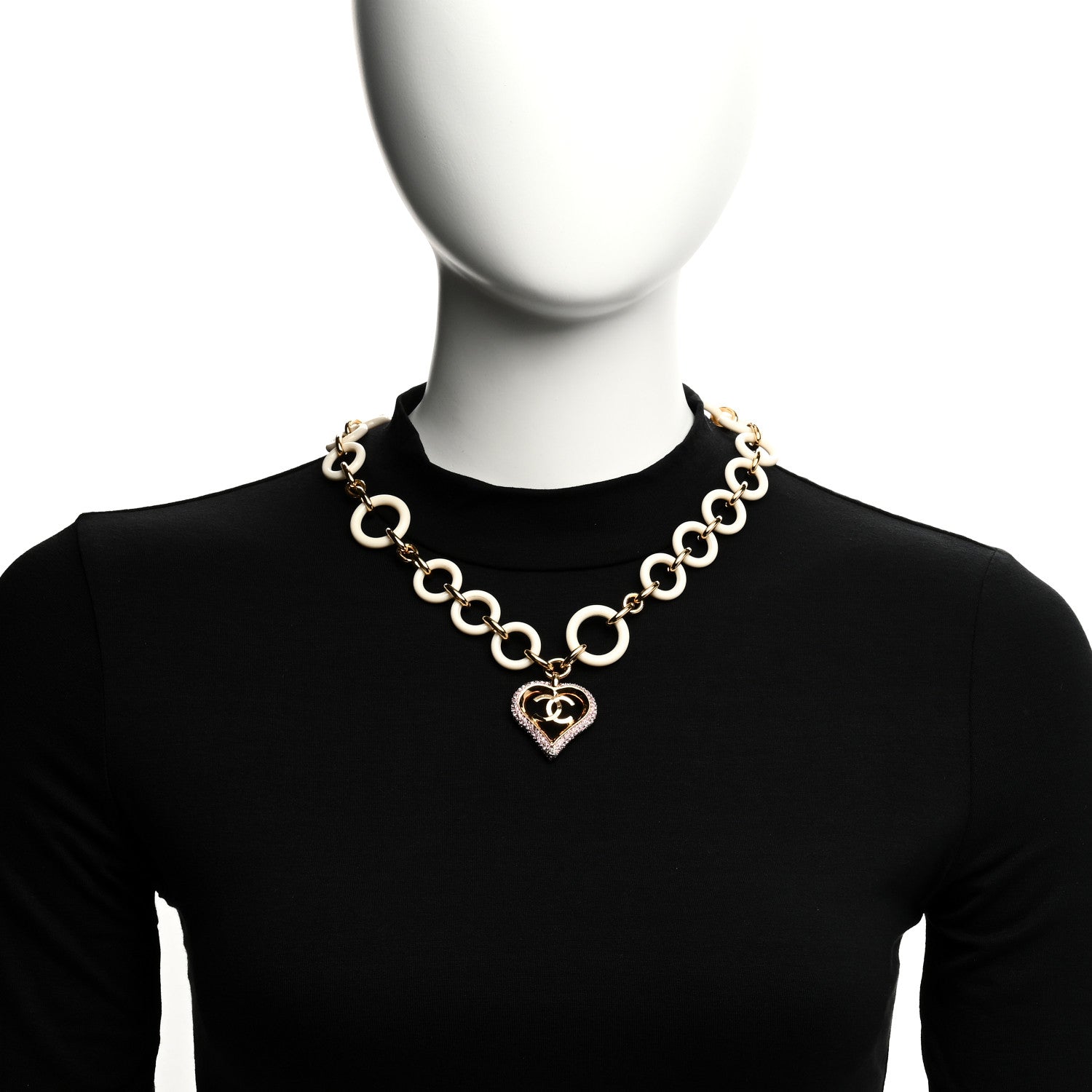 Chanel Pearl Crystal Resin CC Heart Necklace Pink Gold White 2 of 6
