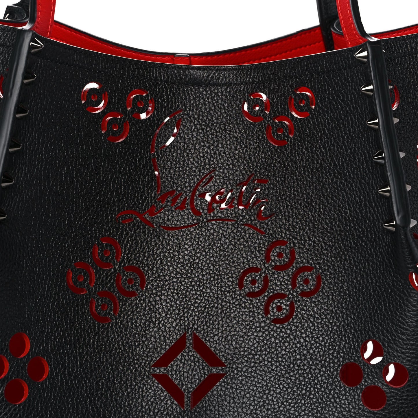 Calfskin Loubinthesky Large Perforated Cabarock Spikes Tote Black