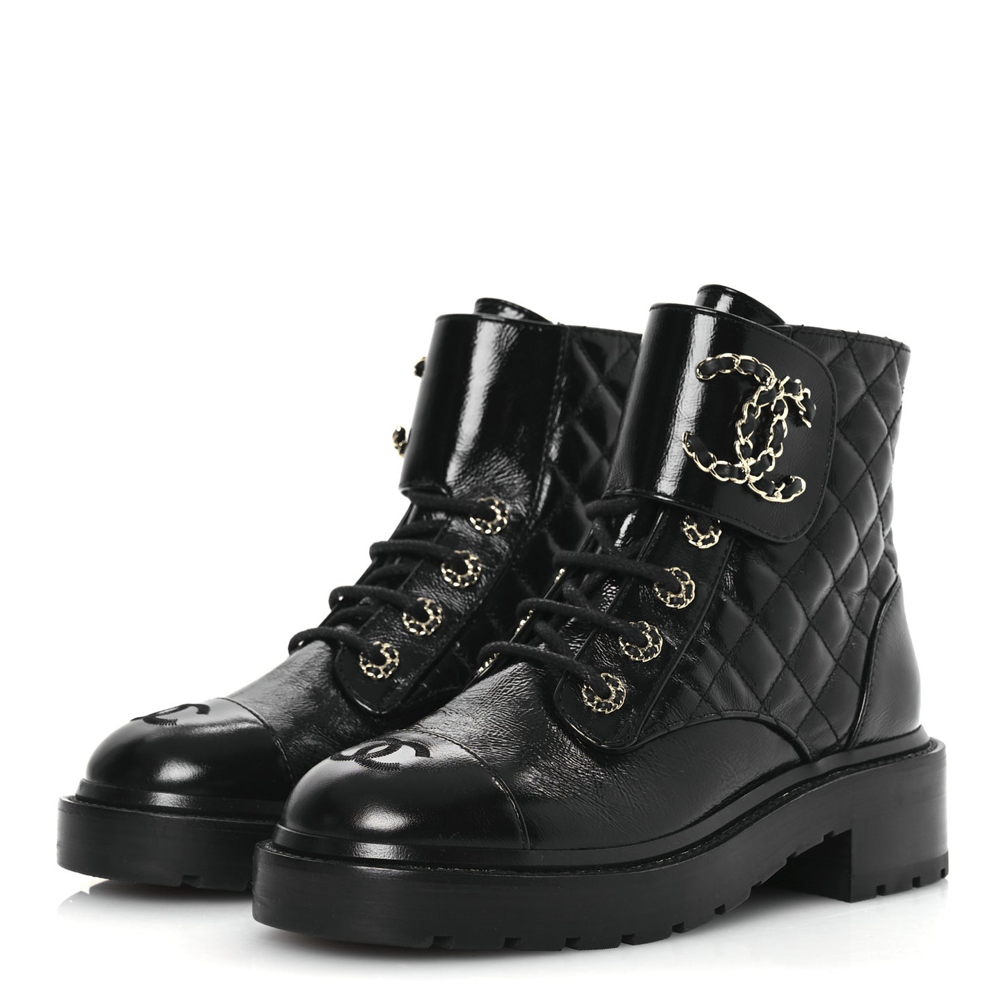 Shiny Calfskin Quilted Lace Up Combat Boots 36 Black