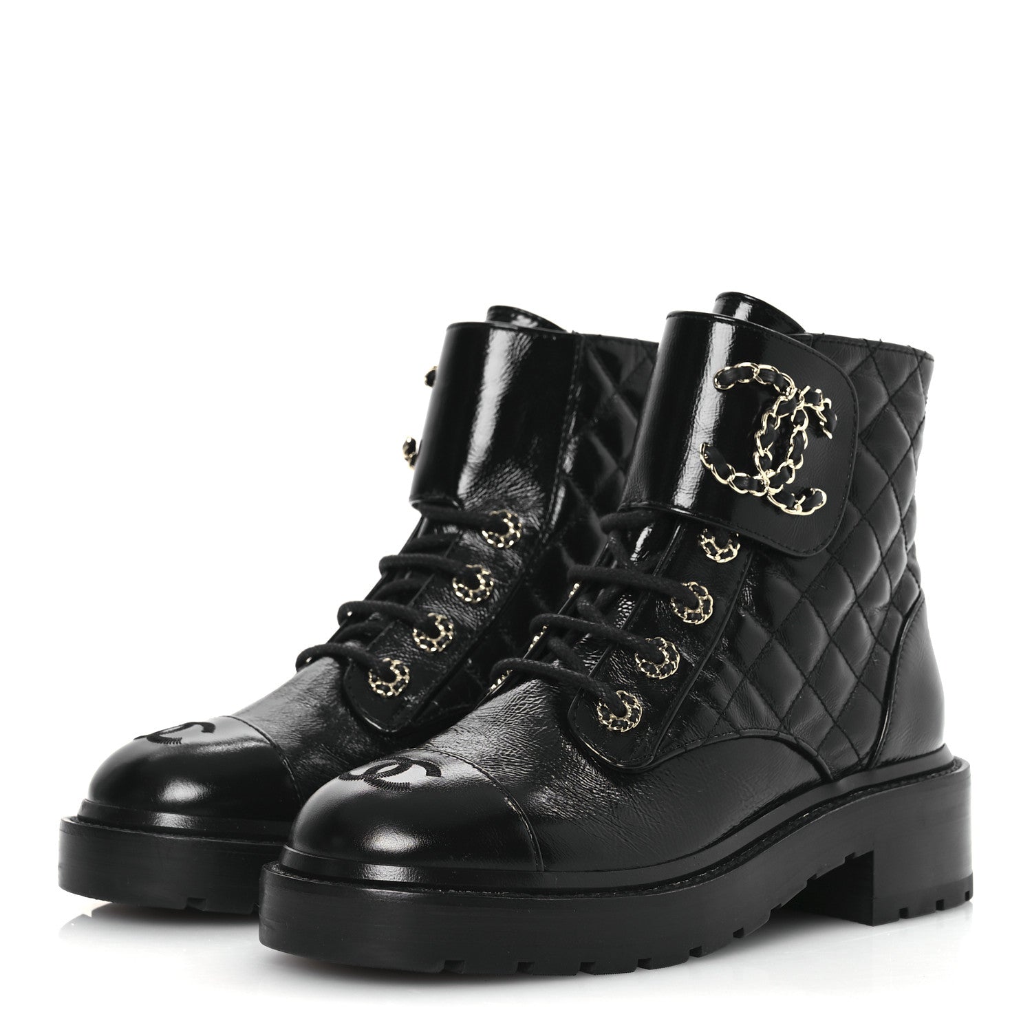 Chanel Shiny Calfskin Quilted Lace Up Combat Boots 36 Black 4 of 12