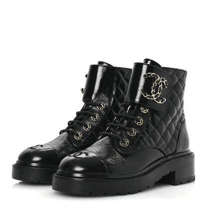 Chanel Shiny Calfskin Quilted Lace Up Combat Boots 36 Black 4 of 12
