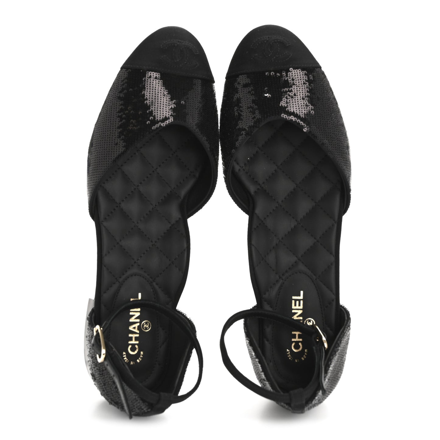 Sequin Grosgrain CC Cap Toe Ankle Flat 37.5 Black