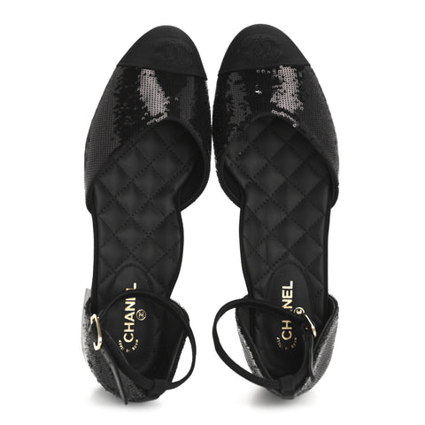 Sequin Grosgrain CC Cap Toe Ankle Flat 37.5 Black
