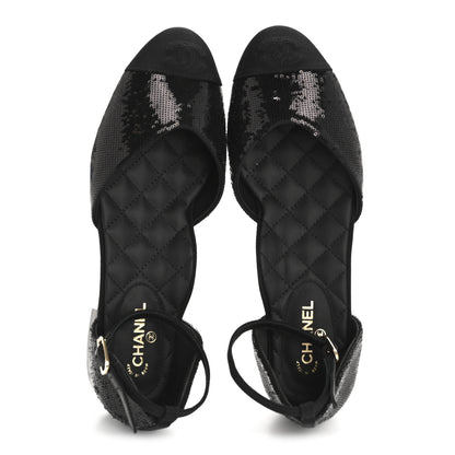 Chanel Sequin Grosgrain CC Cap Toe Ankle Flat 37.5 Black 2 of 9