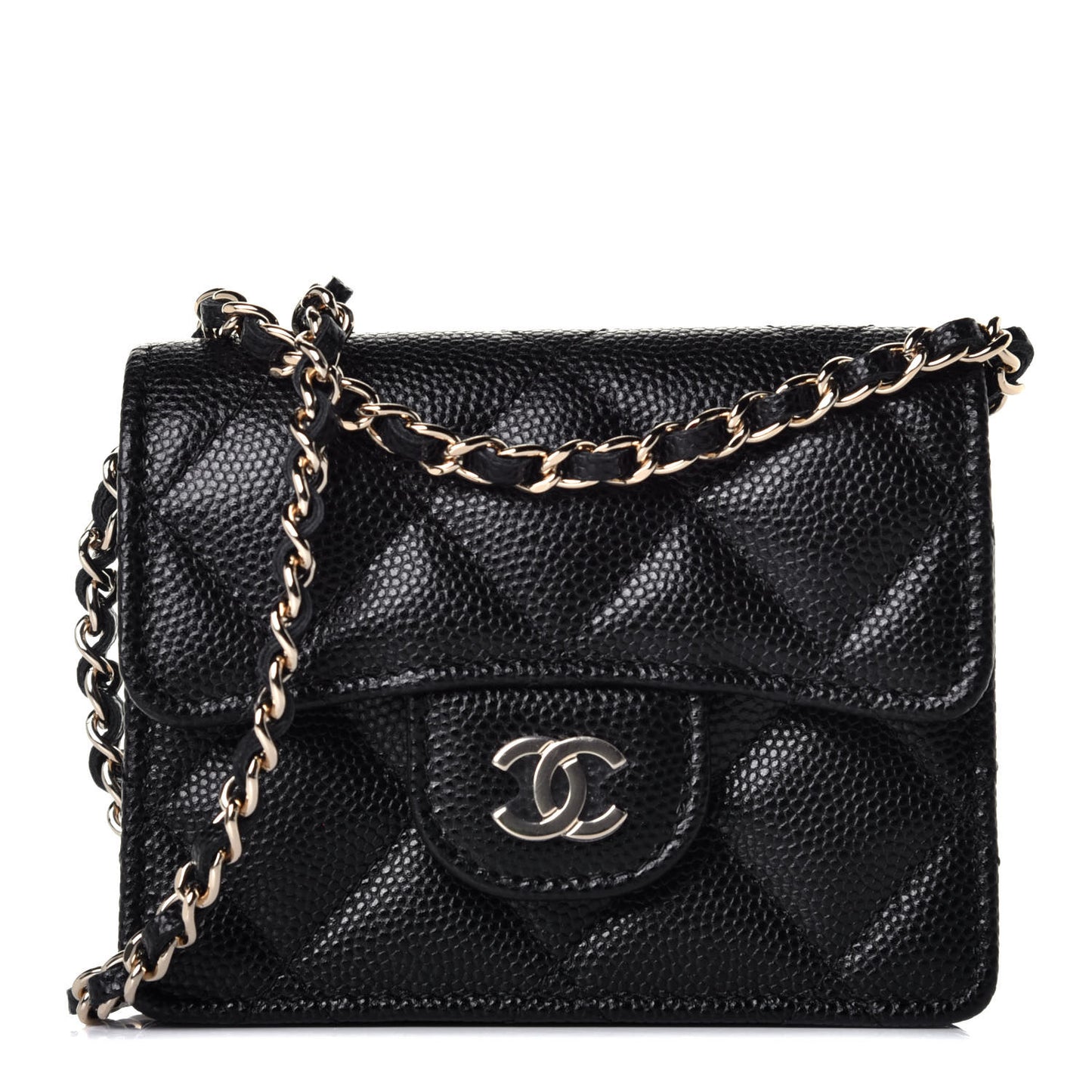 Caviar Quilted Flap Card Holder On Chain Black