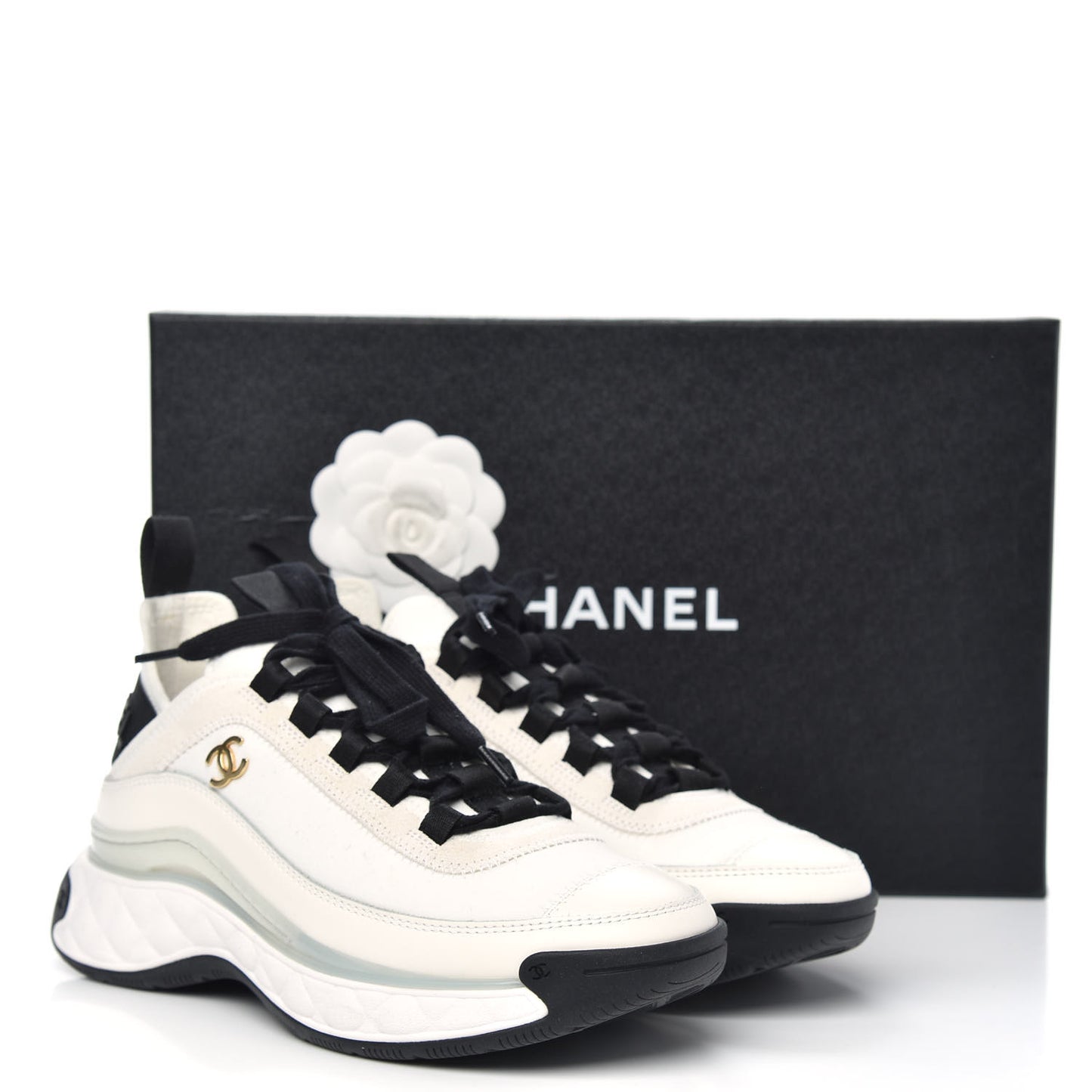 Velvet Calfskin Mixed Fibers CC Sneakers 36 Ivory Black