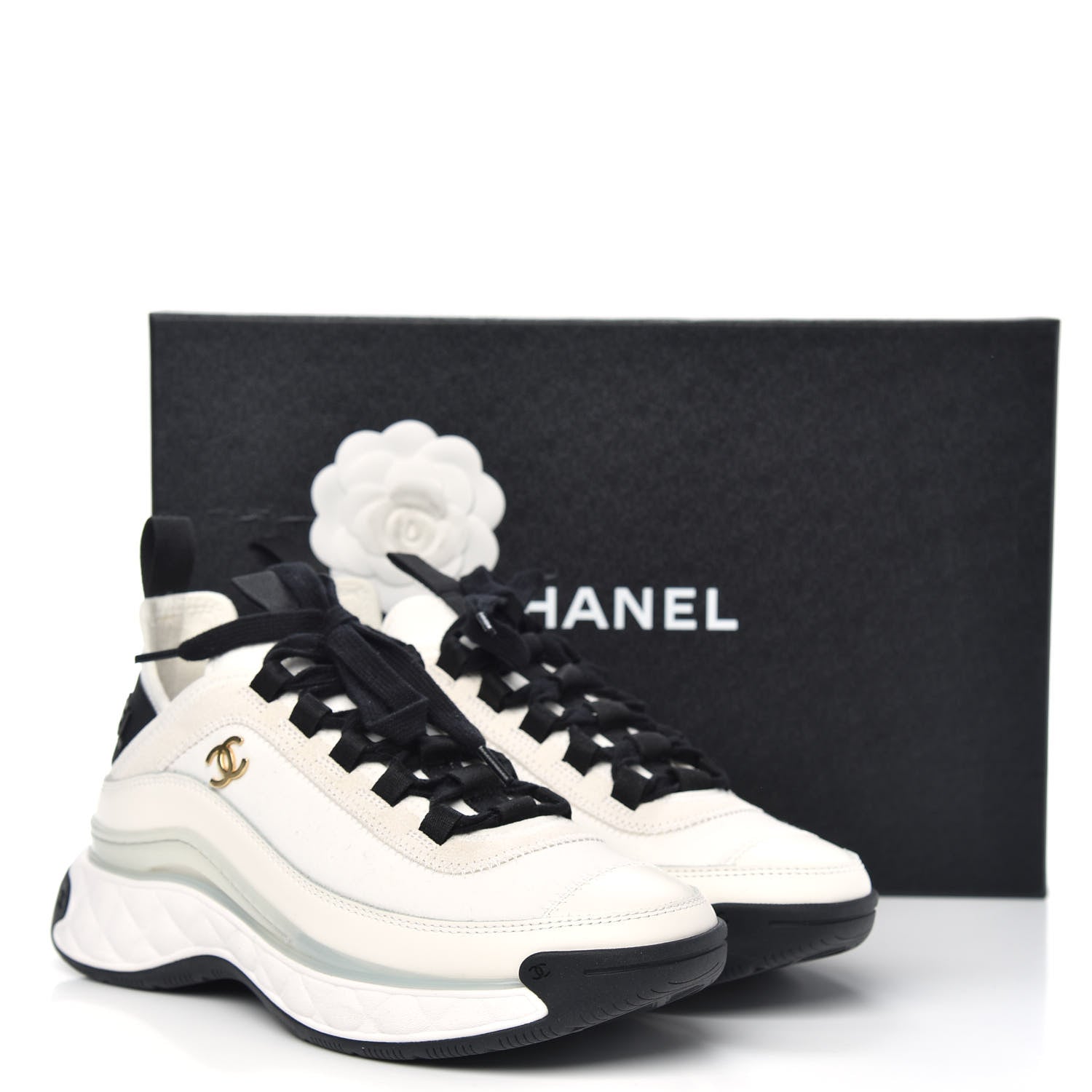 Chanel Velvet Calfskin Mixed Fibers CC Sneakers 36 Ivory Black 9 of 9