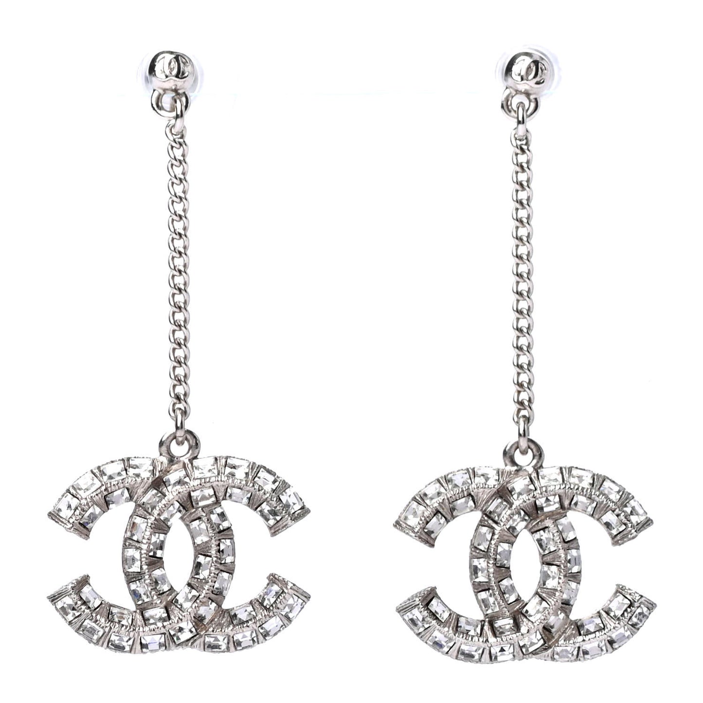 Baguette Crystal CC Drop Earrings Silver