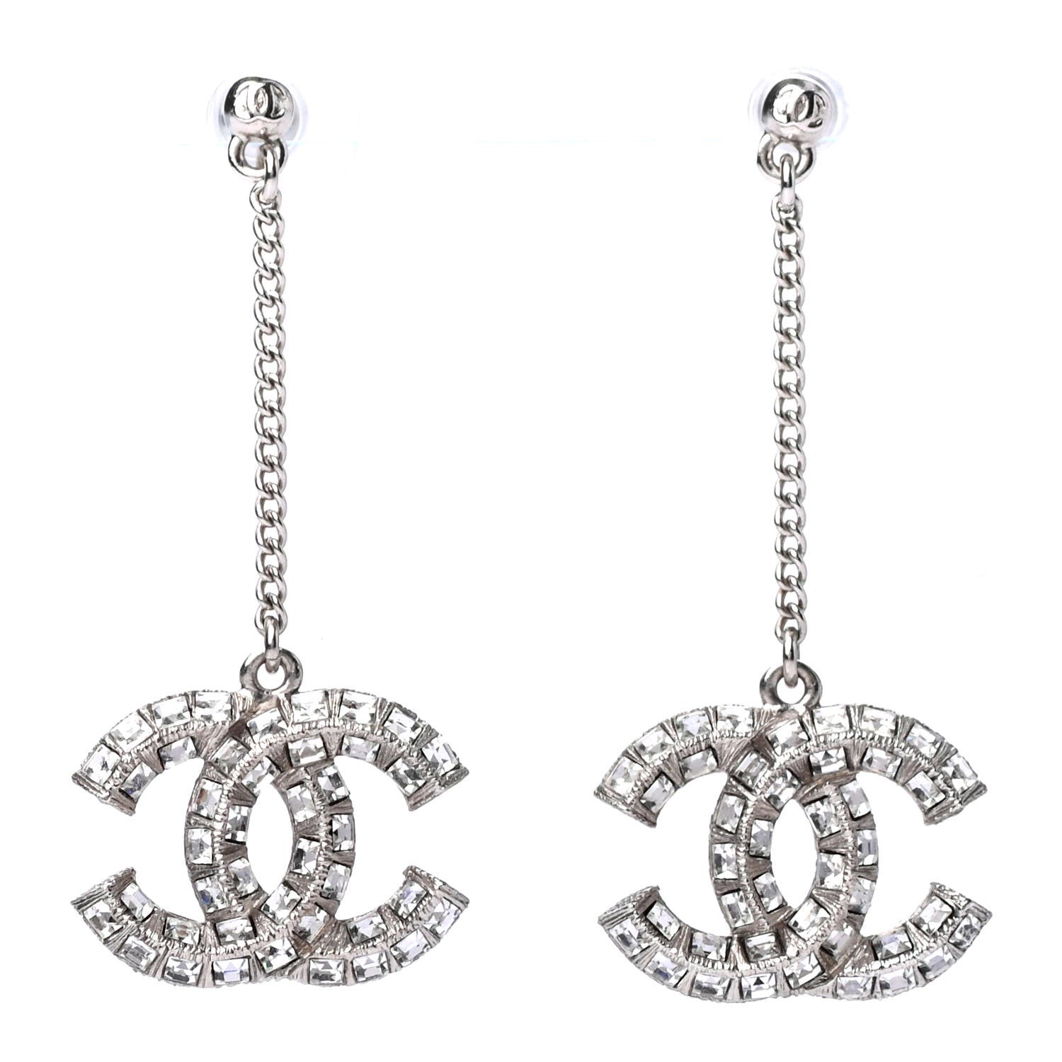 Chanel Baguette Crystal CC Drop Earrings Silver 1 of 4