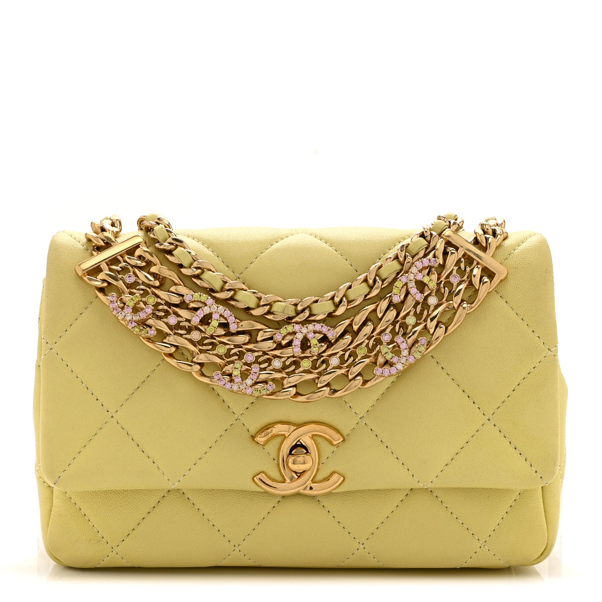 Chanel Lambskin Quilted Mini CC Crystal Logo Chain Flap Yellow 1 of 11