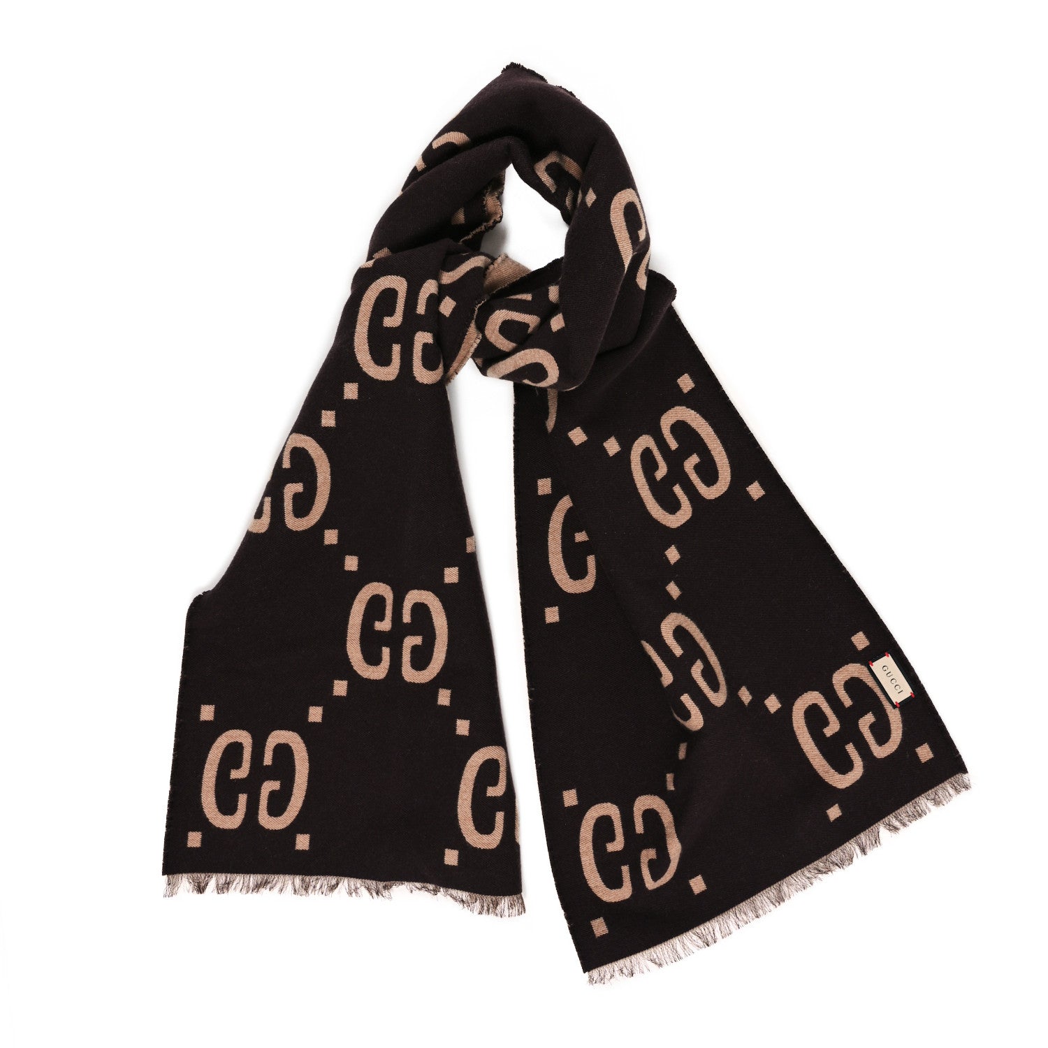 Gucci Wool Silk Monogram Jumbo GG Freedom Scarf Dark Brown Beige 1 of 4