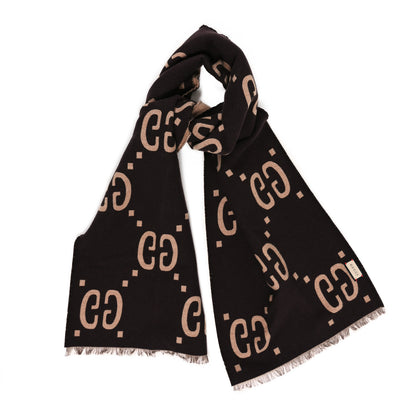 Gucci Wool Silk Monogram Jumbo GG Freedom Scarf Dark Brown Beige 1 of 4