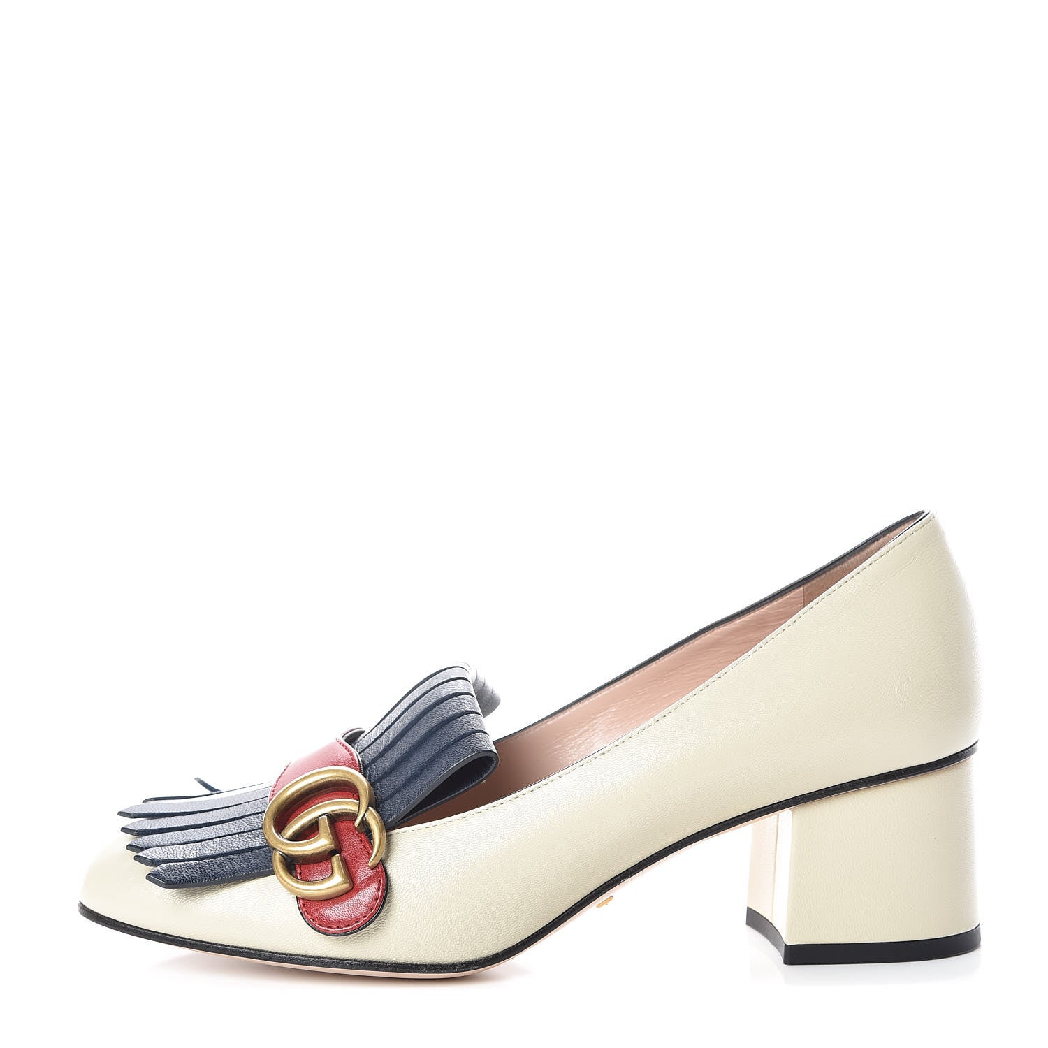Gucci Malaga Kid GG Marmont Fringe 50mm Loafer Pumps 39 Vintage White Blue Ink Hibiscus Red 1 of 10