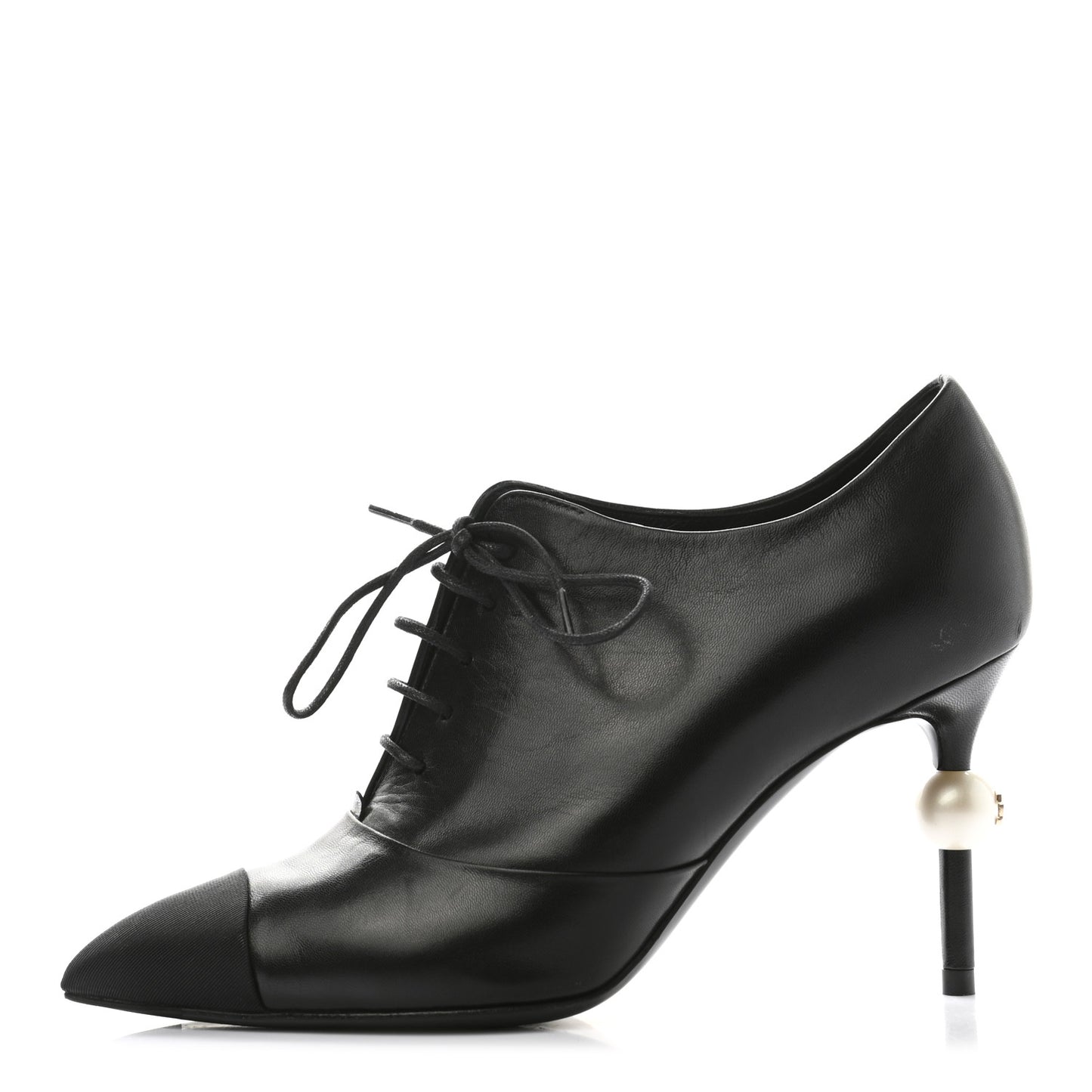 Lambskin Grosgrain Pearl Oxford Lace Up Ankle Booties 35.5 Black
