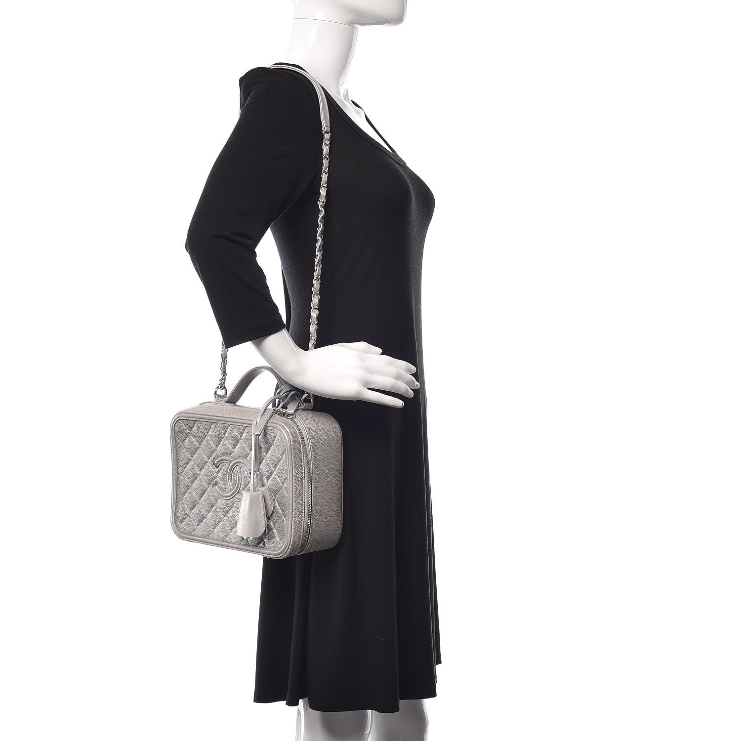 Chanel Metallic Caviar Quilted Large CC Filigree Vanity Case Silver 2 of 10