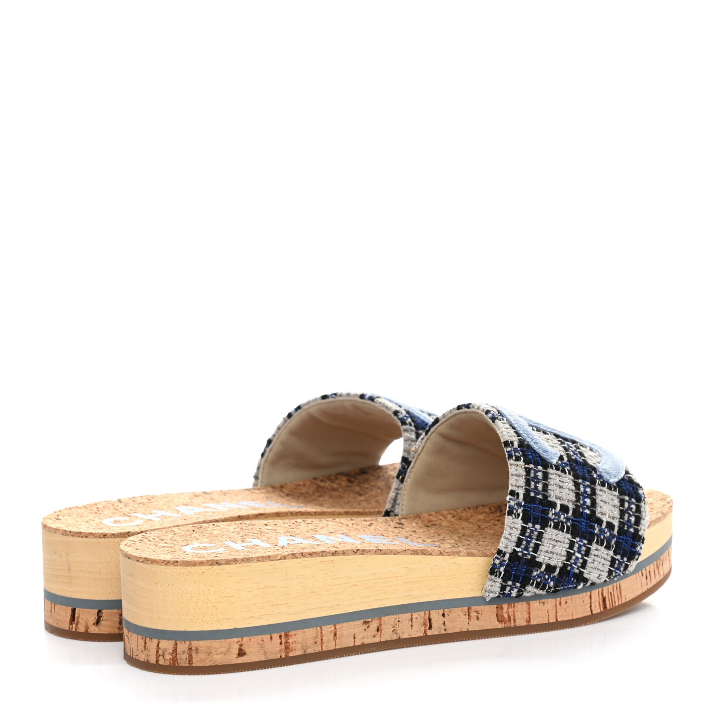 Tweed Mixed Fibers Cork CC Mule Sandal 36 Navy Blue White Blue