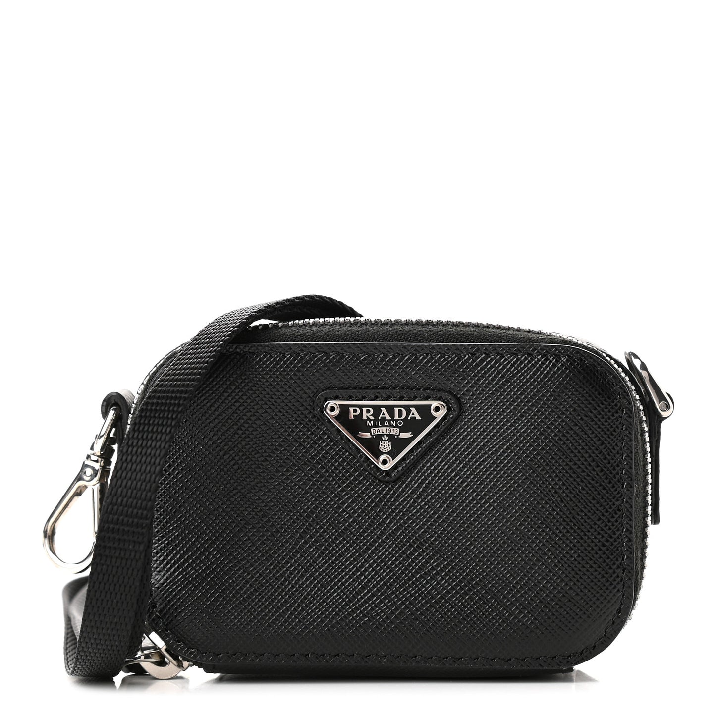 Saffiano Travel Metal Triangle Logo Mini Pouch Shoulder Bag Black
