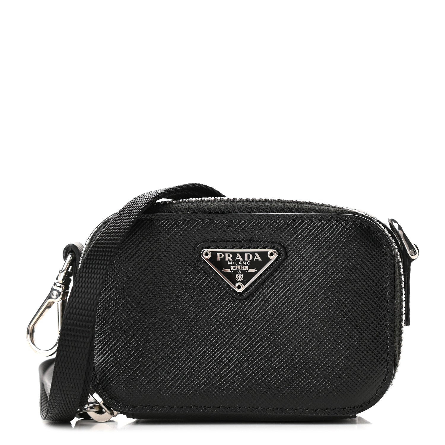 Prada Saffiano Travel Metal Triangle Logo Mini Pouch Shoulder Bag Black 1 of 7