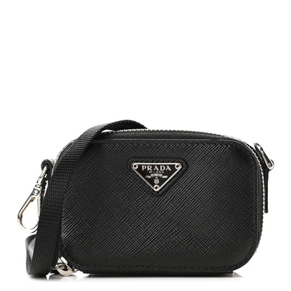 Prada Saffiano Travel Metal Triangle Logo Mini Pouch Shoulder Bag Black 1 of 7