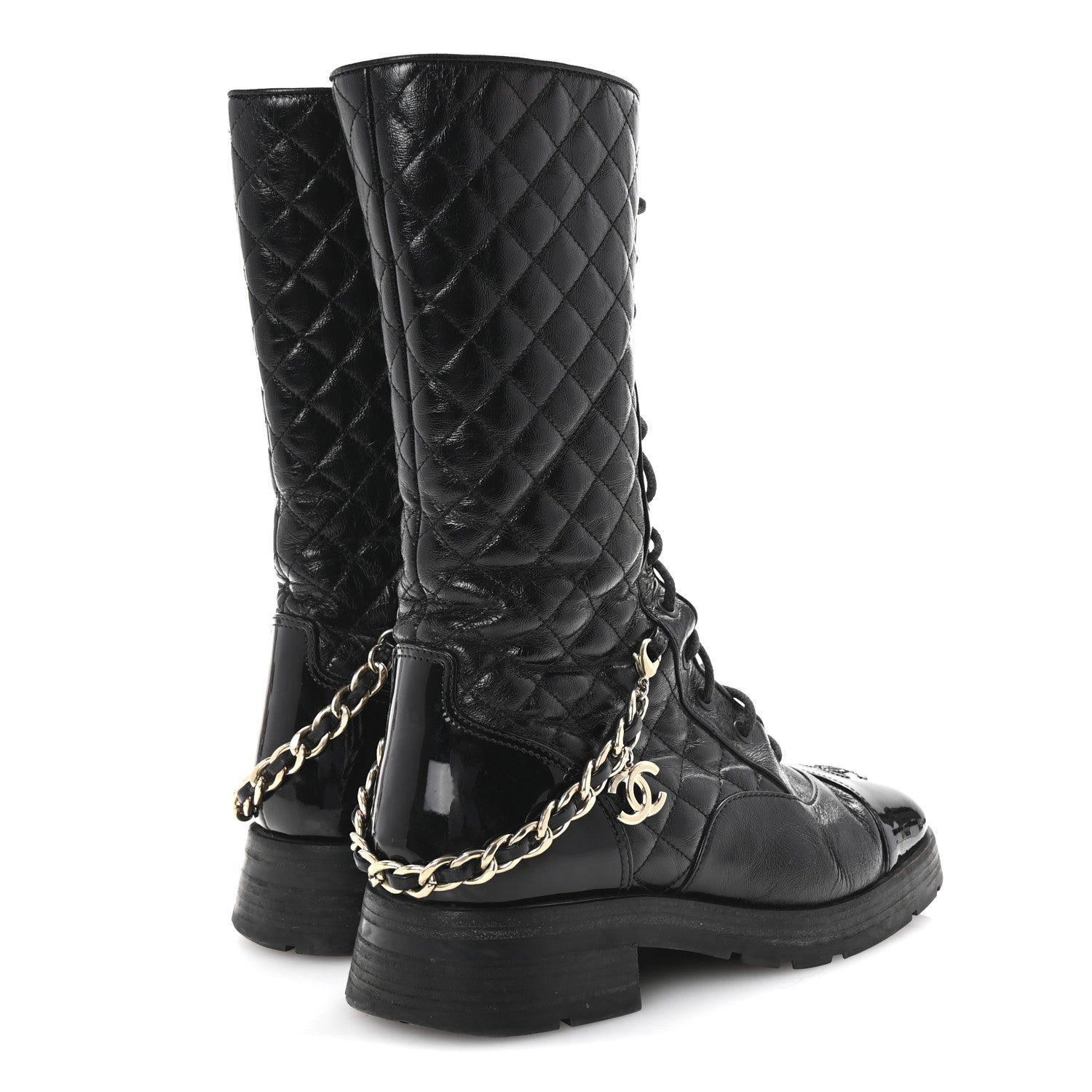 Chanel Shiny Calfskin Patent Quilted Chain Lace Up Combat Long Boots 38.5 Black 5 of 9