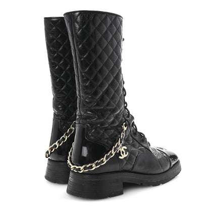 Chanel Shiny Calfskin Patent Quilted Chain Lace Up Combat Long Boots 38.5 Black 5 of 9