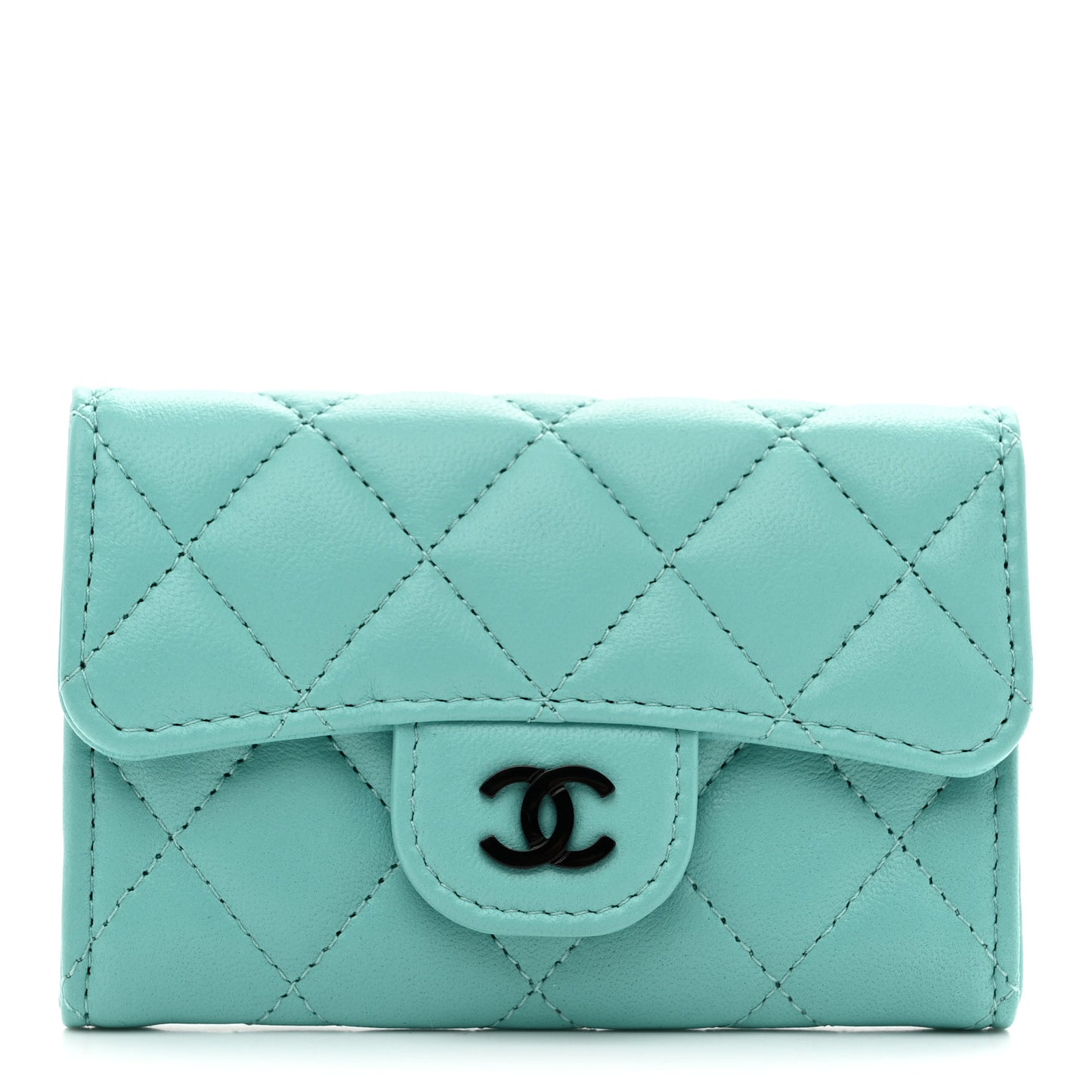 Lambskin Quilted Flap Card Holder Wallet Turquoise