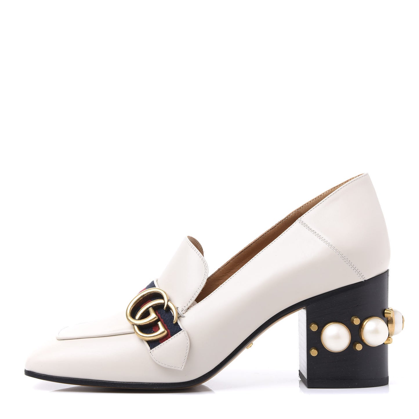 Betis Glamour Calfskin Web Pearl Embellished Peyton 75mm Loafer Pumps 38.5 Mystic White