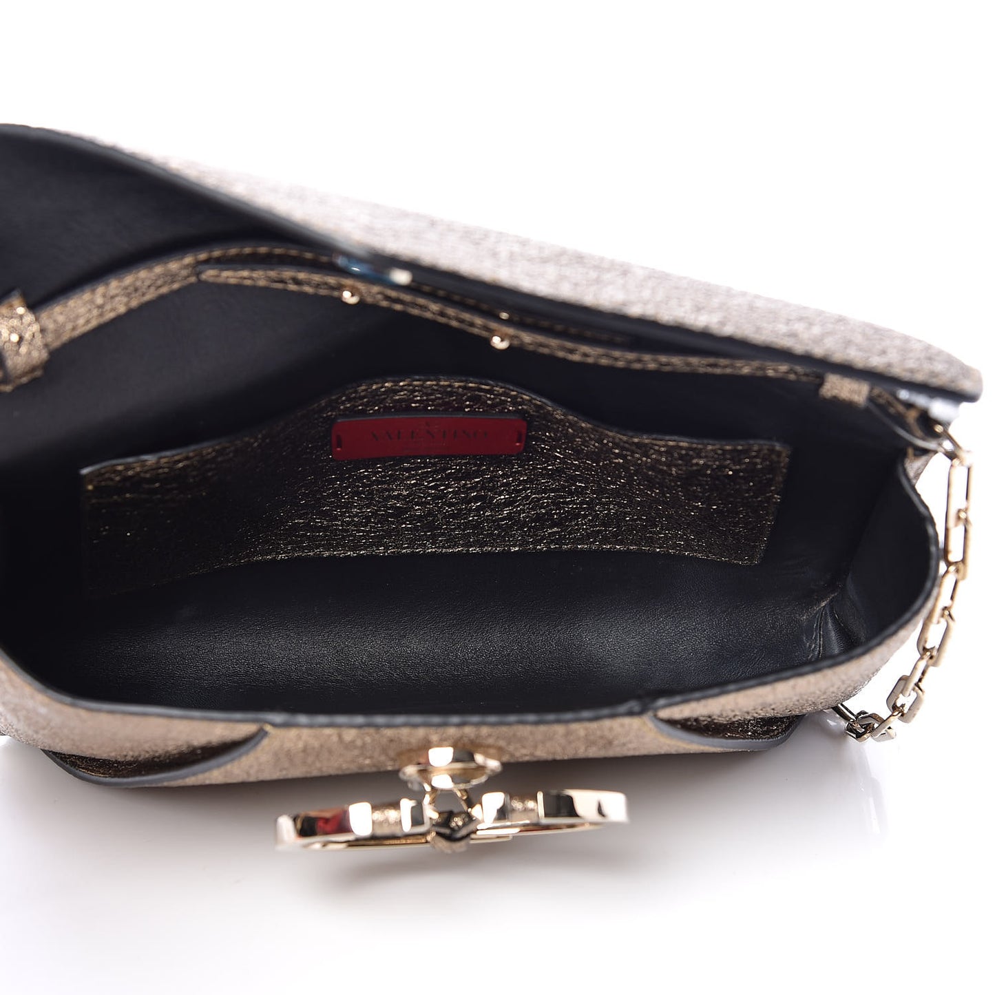 Metallic Calfskin V Rivet Chain Clutch Platinum