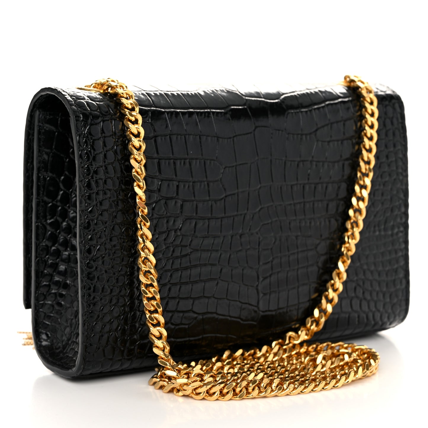 Calfskin Crocodile Embossed Small Classic Monogram Kate Tassel Satchel Black