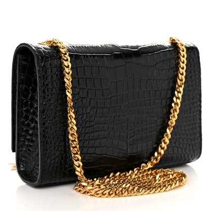 Saint Laurent Calfskin Crocodile Embossed Small Classic Monogram Kate Tassel Satchel Black 3 of 10