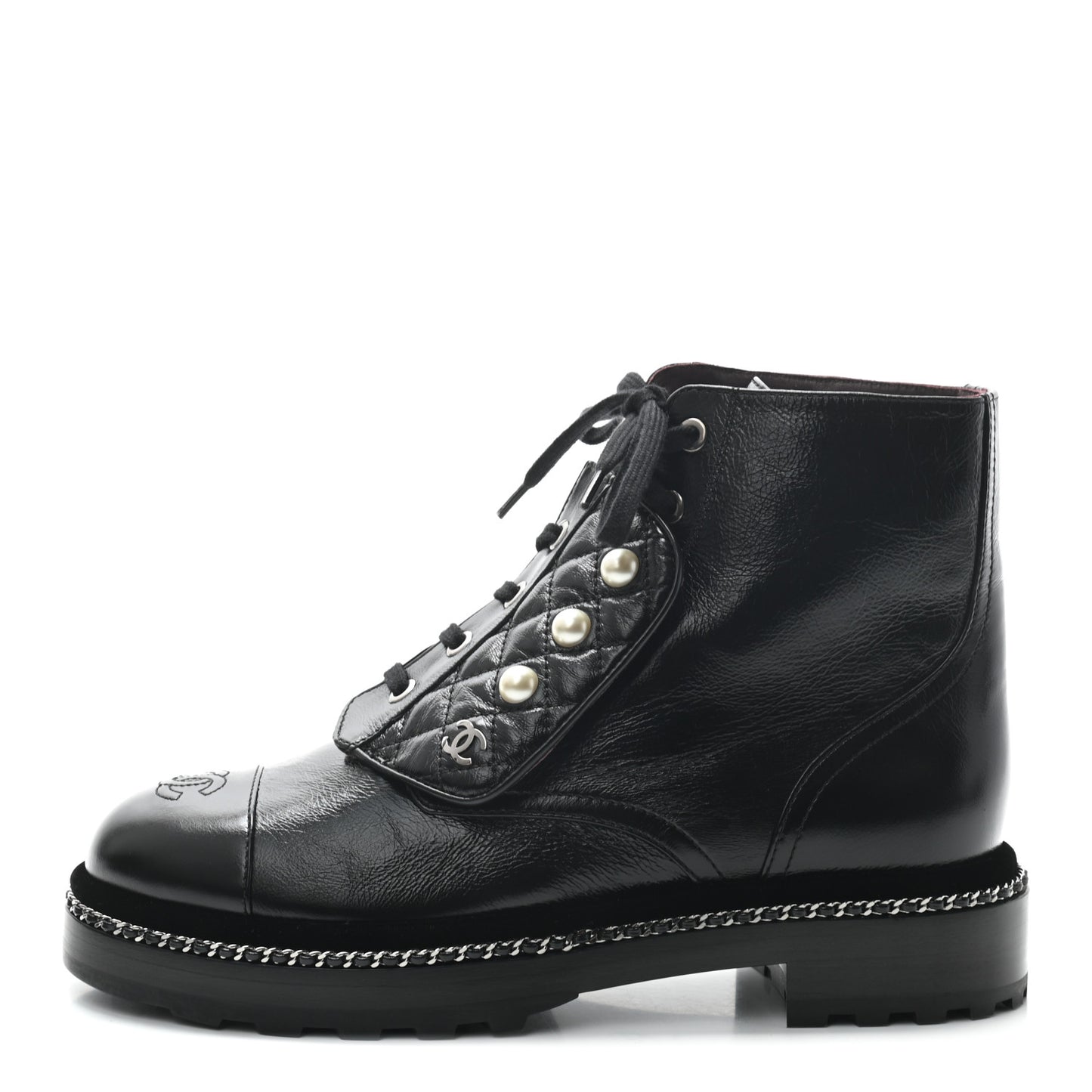Crackled Calfskin Velvet Pearl Combat Short Boots 39 Black