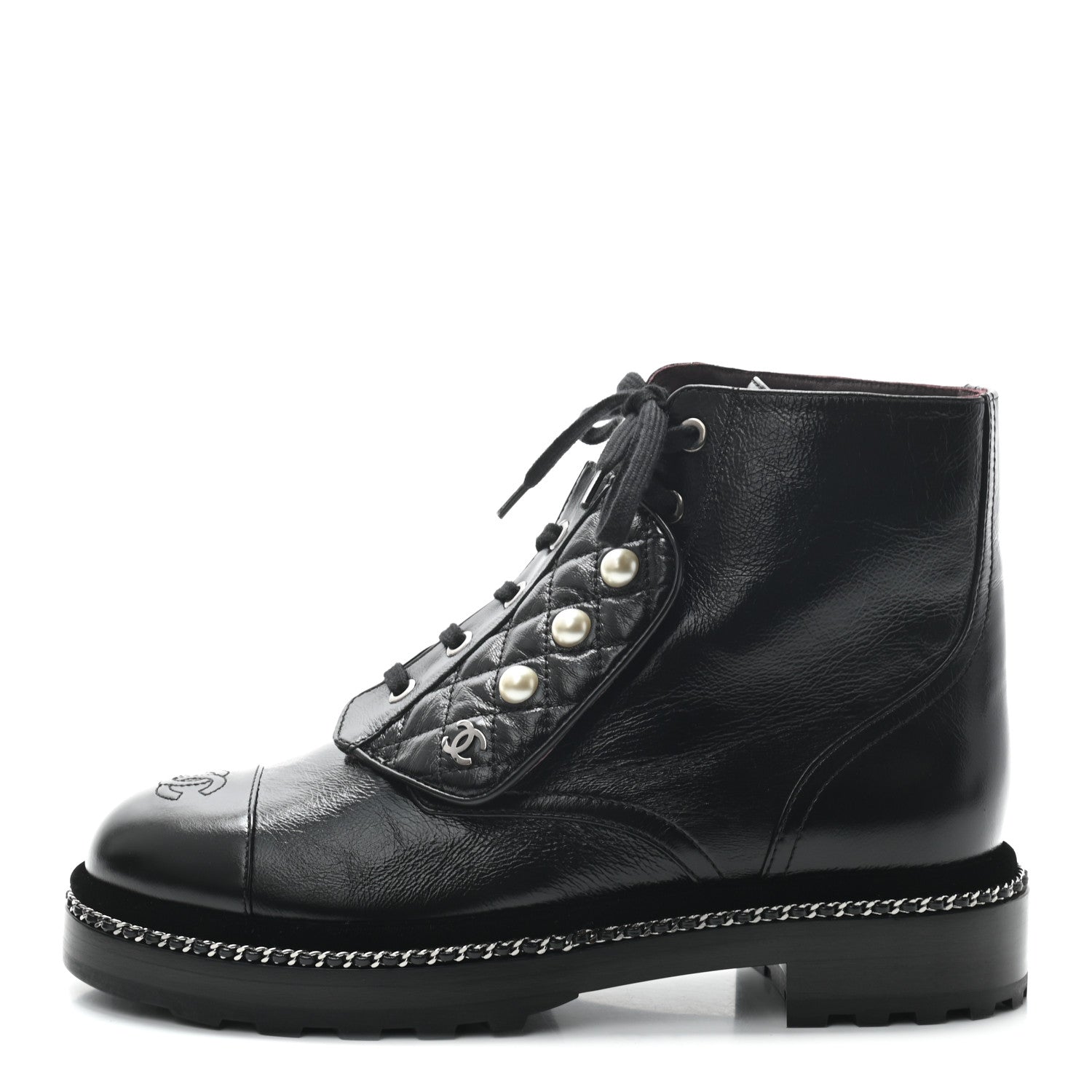 Chanel Crackled Calfskin Velvet Pearl Combat Short Boots 39 Black 1 of 8